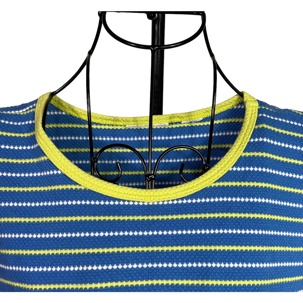 Ladies Blue Summer Knit Tank Top White & Yellow Stripes Contrasting Yellow Trim - Picture 13 of 13